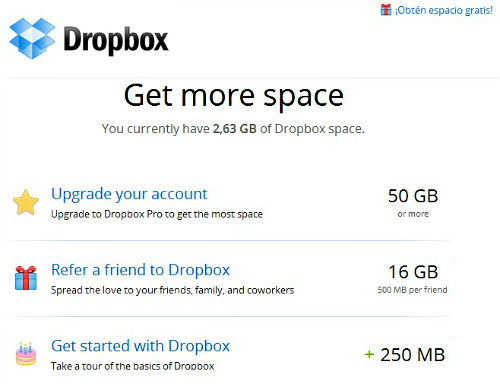 Dropbox get space