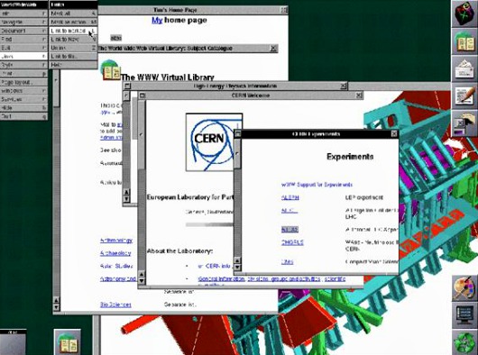 Captura de pantalla del primer sitio web desde el navegador de una computadora NeXT